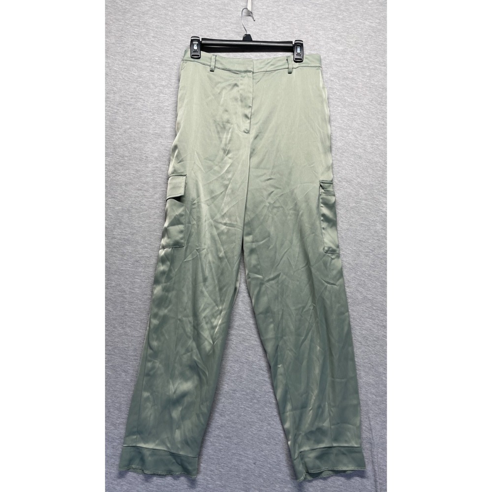 Nicole Miller Satin Cargo Pants Womens L Sage Green Utility Pockets Straight Leg